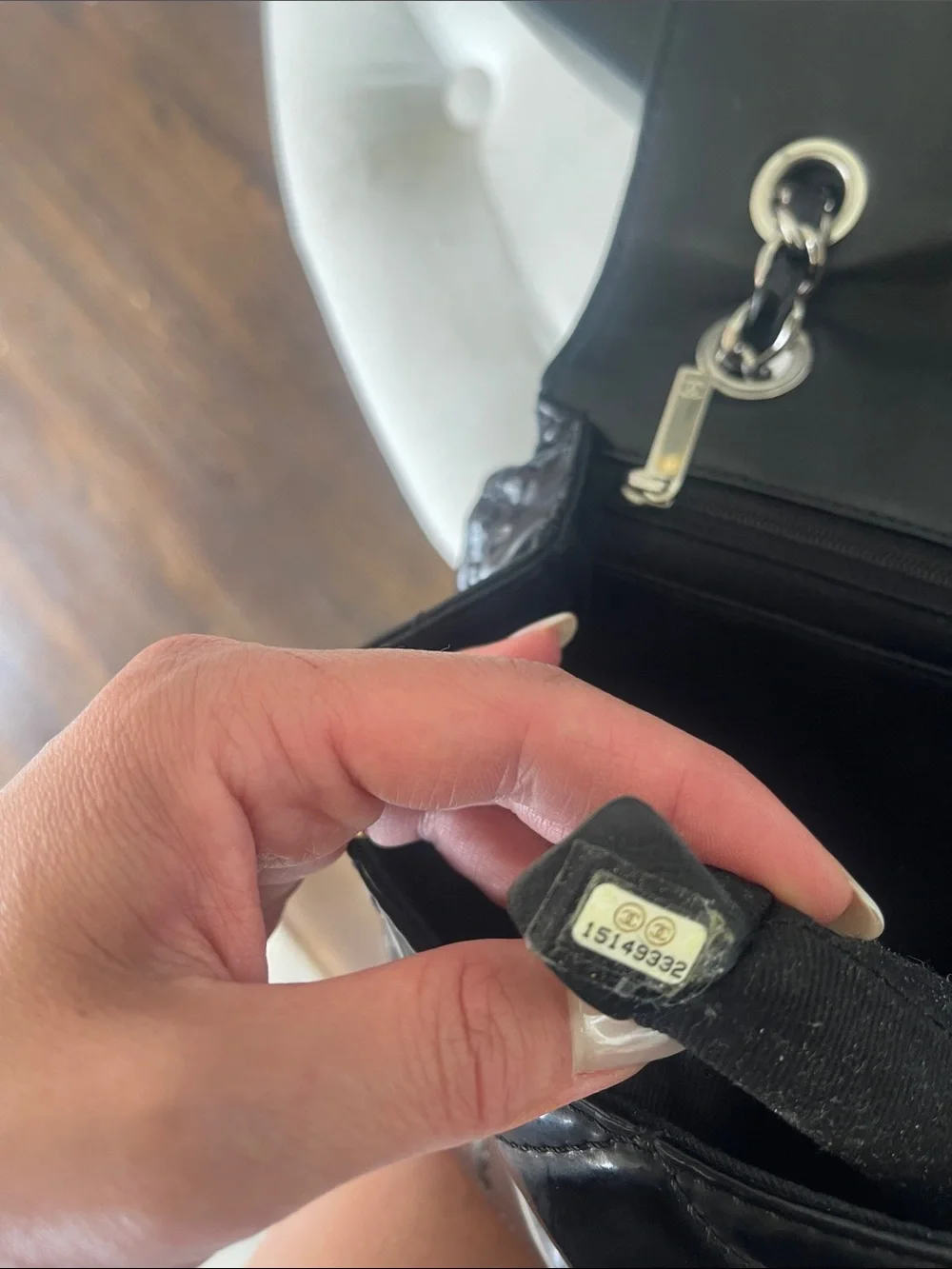 CHANEL Black Quilted Patent Shoulder Bag with CC Turn-Lock